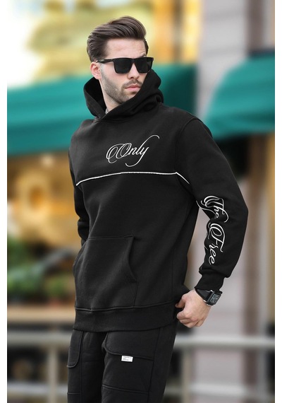 Madmext Siyah Kapüşonlu Şerit Detaylı Baskılı Erkek Sweatshirt 7091 Siyah