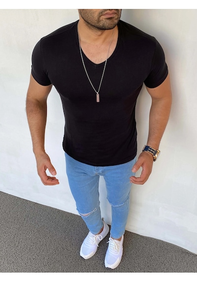 Modefendi Slim Fit Pamuk Likra Basic V Yaka Tshırt Siyah