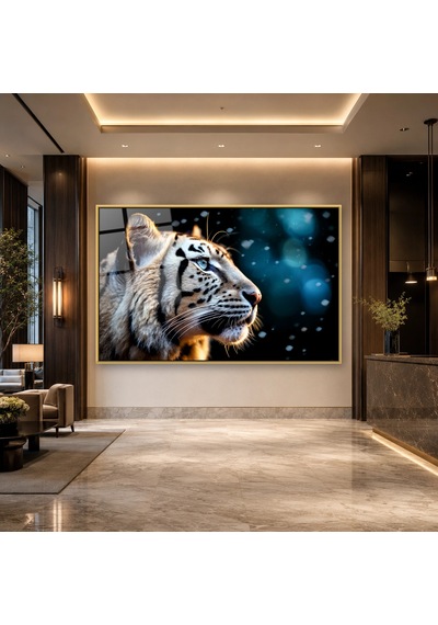 Bokeh Işıklı Beyaz Kaplan Profili Gold Çerçeveli Cam Tablo