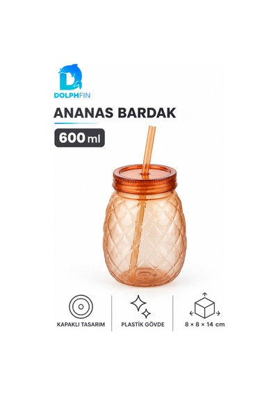 Ananas Pipetli Bardak 600 Ml Kapaklı Plastik İçecek Bardağı Çok Renkli