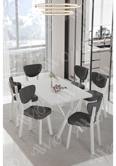 Avvio Mona Elma Sandalye 80x140 Yemek Masası Mutfak Masası 6 Kişilik Masa Sandalye Takım Beyaz