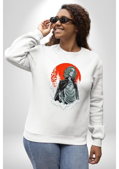 Tokyo Revengers Mikey Red Moon Unisex Beyaz Sweatshirt Beyaz