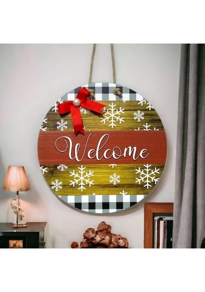 Dijital Baskı Kırmızı Kurdeleli İncili Welcome Kapı Süsü 30 Cm Ka
