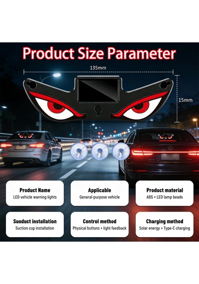 Vantuzlu Solar Güneş Enerjili Ve Şarj Edilebilir Devil Eyes Araç Işıkları Ön/arka/yan Cam İçin Usb Bağlantılı Led Işıkları Kırmızı-sarı