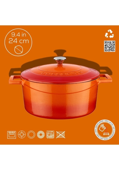 Metal Döküm Yuvarlak Tencere, 24 Cm, Turuncu Çok Renkli