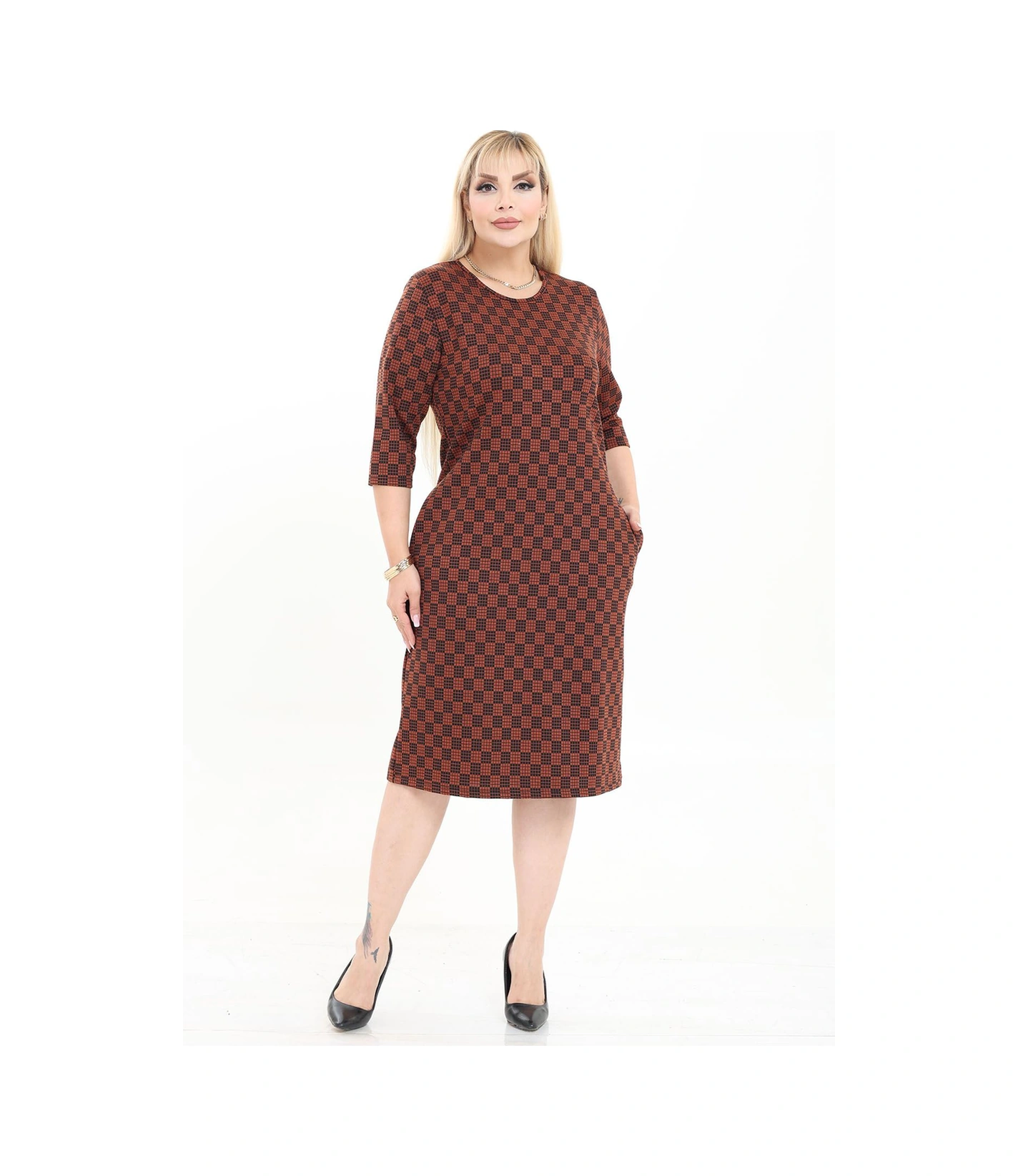 Çift Cepli Desenli Esnek Kışlık Büyük Beden Midi Elbise 41d-2727 Kahverengi
