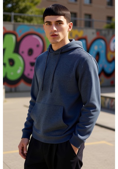 Benerly Erkek Kapüşonlu Standart Kol Regular Kalıp Sweatshirt Fonksiyonel Indigo