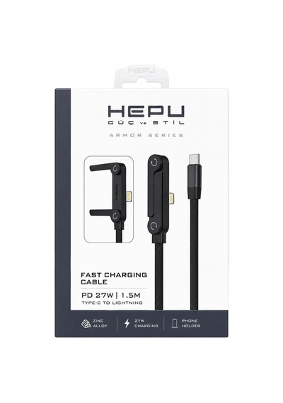 Armor Series Hp-alc01 27w Hızlı Şarj Kablosu - 1.5m Entegre Telefon Standlı Ve 90 Açılı Lightning Şarj/veri Kablosu Dayanıklı Örgülü Yapı