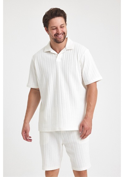 Tarz Cool Erkek Jakarlı Baklava Desenli %100 Pamuk Polo Yaka T-shirt Mat Beyaz