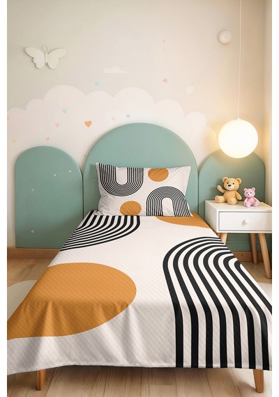 Geometrik Hardal Genç Odası Tek Kişilik Pike Takımı - Modern Siyah 160x220 Cm Kapitone Yatak Örtüsü Keten Eşik Kırıntısı