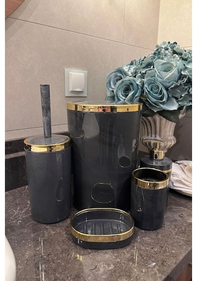 Makri Home Banyo Seti 5'li,akrilik-çöpkovası,wc Fırçalık,sıvı Sabunluk,diş Fırçalık,el Sabunluk,gold Renk Detay Gri