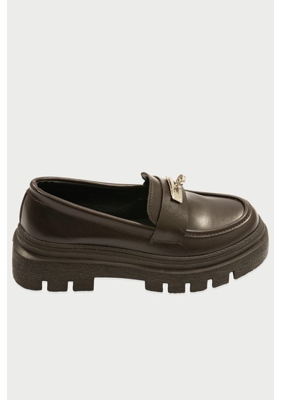 Kadın Deri Loafer Kalın Comfort Tabanlı Metal Tokalı Kahve Vareen Kahverengi