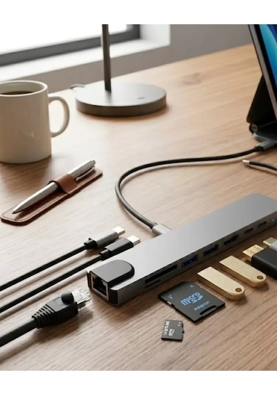 Type C Çoklu Port Hub 8 Port Usb Hdmı Sd Kart Ethernet Adaptör
