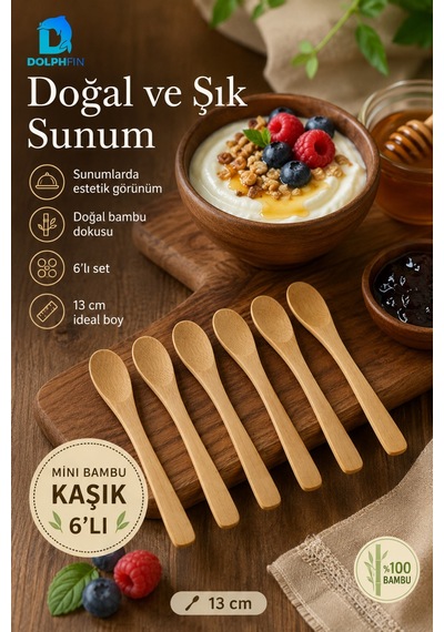 Mini Bambu Kaşık 6 Lı Set 15 Cm Doğal Bambu Tatlı Reçel Bal Baharat Sunum Kaşığı Bej