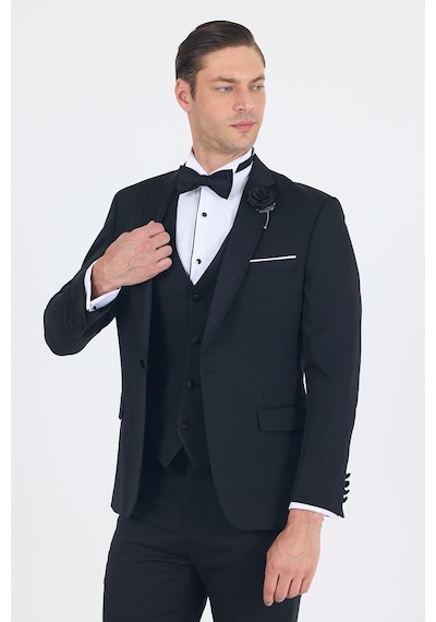 İmza Siyah Mono Yaka Tek Düğme Slim Fit Yelekli Ceremony Takım Elbise 1001250201 Siyah