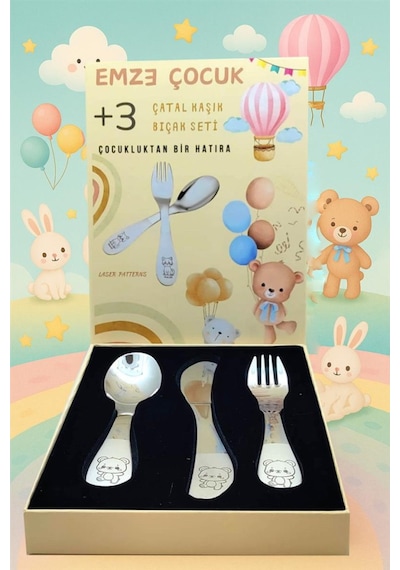 Paslanmaz Çelik Kutulu Çocuk Çatal Kaşık Bıçak Seti Ayıcık Desenli GÜmüş