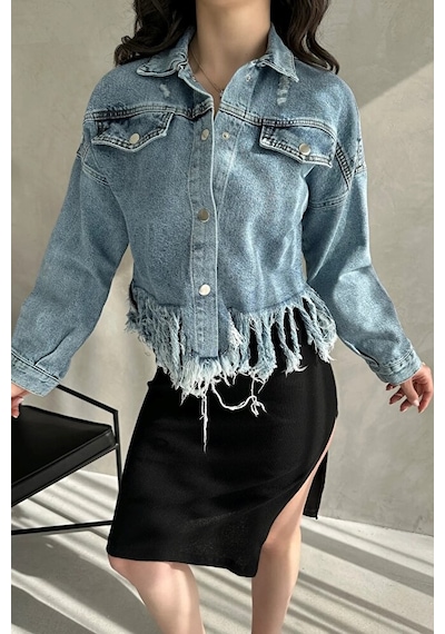 Nido Moda Püskül Detaylı Denim Crop Ceket Mavi