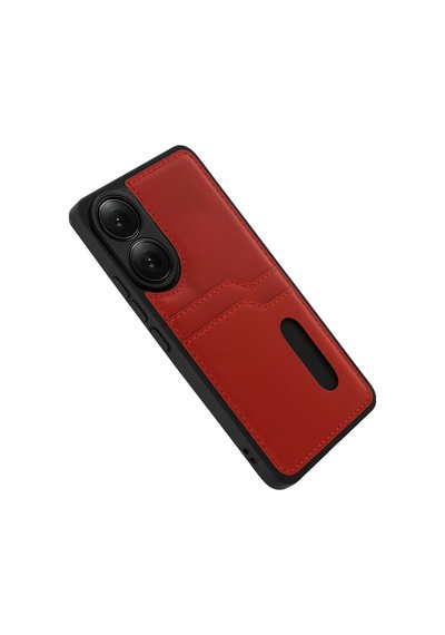 Oppo A38 Sara Kartvizitli Deri Kılıf - Kırmızı Kirmizi