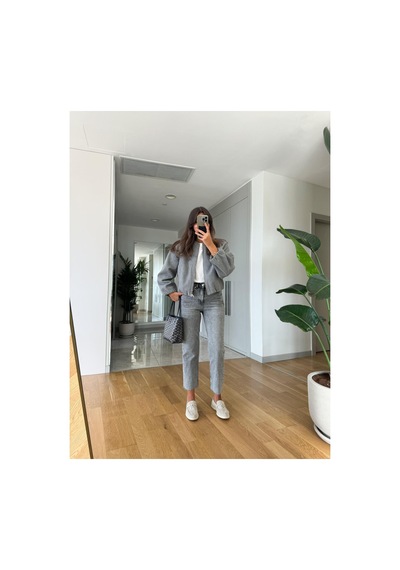 Rabia Çelik Kadın Gri Yüksek Bel Boyfit Kesim Jean Pantolon Açık Gri Açık Gri