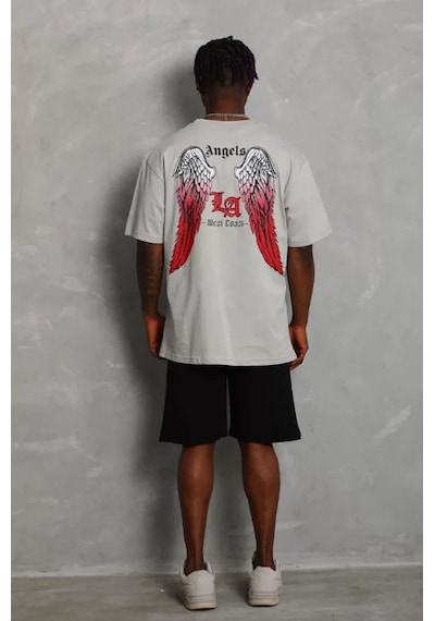 Yake Store Unisex Oversize Baskılı Bisiklet Yaka T-shirt - Gri - Gri Beyaz