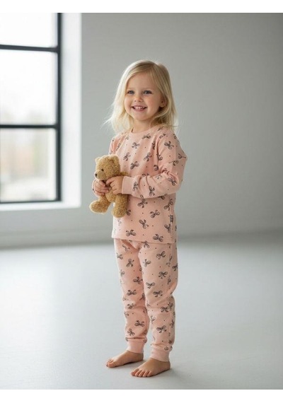 Kız Çocuk Pamuklu Fiyonklu Pijama Takımı-16829 Pudra