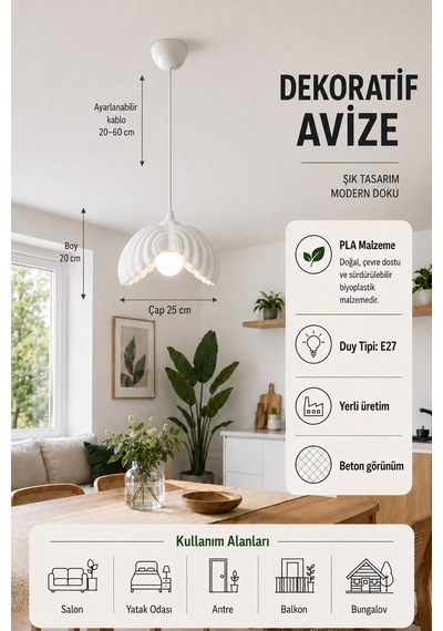 Wings Kanat Form Avize - Eskit Beton Görünümlü Sarkıt Avize - Beyaz