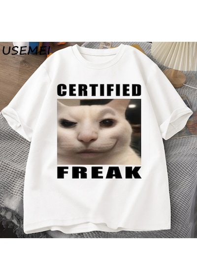 Startmore Certified Freak Cat Meme T Shirt Cotton Short Sleeve Match My Freak Hard T-shirts Casual O Ne Beyaz