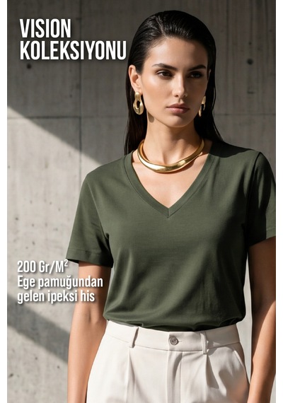 Goffra Kadın Vision V Yaka Premium Kalite Yoğun Dokulu Pamuklu T-shirt Haki W102-r0220-06