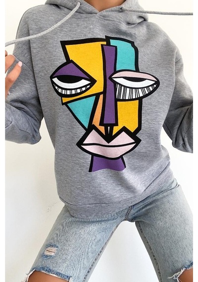 Femelle Kadın Yeni Sezon Karakter Baskılı Kapüşonlu Pamuklu Sweatshirt Gri
