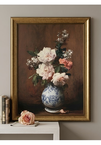 Klasik Vintage Gold Çerçeveli Natürmort Tablo 60x80 Cm Duvar Dekoru 50x70 Resim Ölçüsü Çiçek Tablosu
