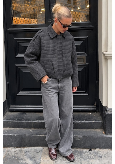 Madmext Antrasit Ekose Desenli Oversize Kadın Bomber Ceket Mg2920