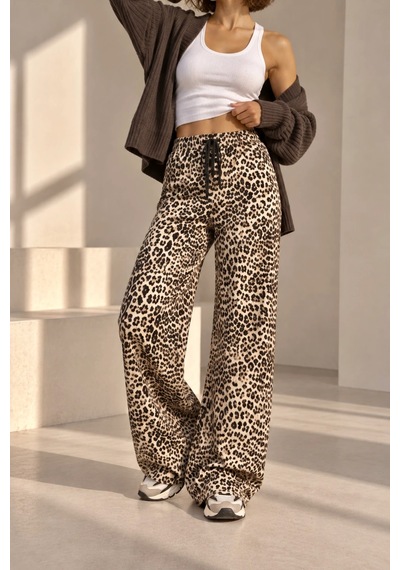 Bbbutikbasic Kadın Leopar Desenli Beli Lastikli Bol Paça Pantolon My3535