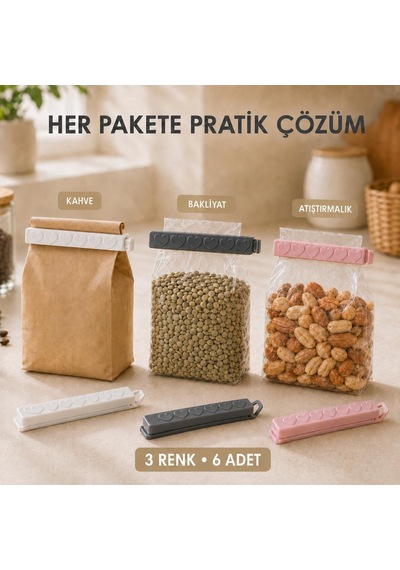 Lexroo 6 Lı Poşet Kapatıcı Klips Seti, Torba Ve Ambalaj Kapatma Aparatı, Gıda Saklama Paket Mandalı Çok Renkli