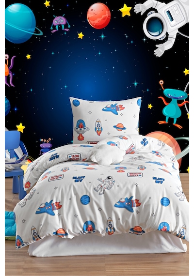 Eponj Home Tek Kişilik Pamuklu Nevresim Takımı 3 Parça Space Desen Beyaz / Yumuşak Dokulu Beyaz