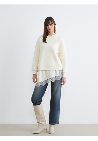 Lcw Vision Bej Dantel Detaylı Oversize Kadın Kalın Sweatshirt