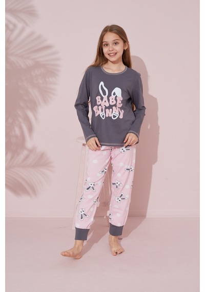 Siyah İnci Pamuklu Örme Pijama Takım 24241089 Gri