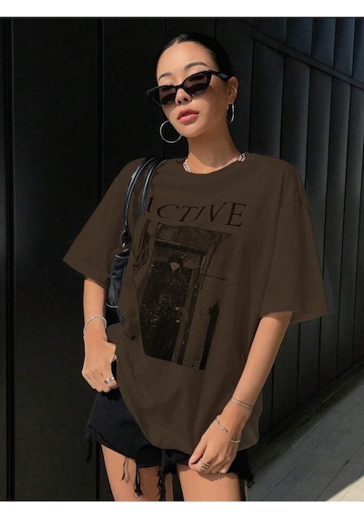 Uyguntarz Unisex Active Baskılı Tasarım Tshirt Kahverengi