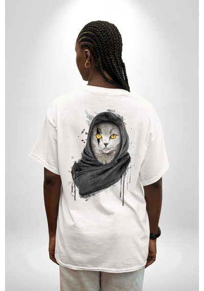 Safari Kedi Şal Eşarp Beyaz Oversize Unisex Ön Ve Sırt Baskılı Tişört Beyaz