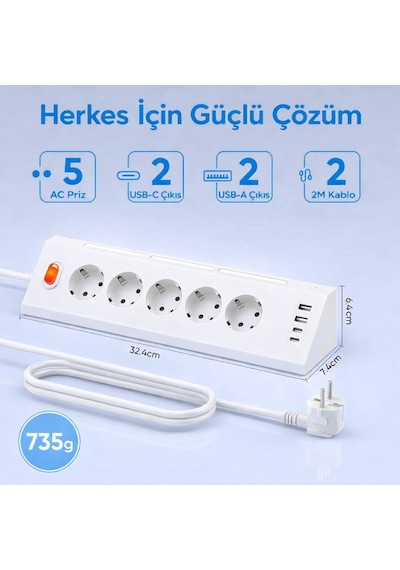 Akım Korumalı 5 Li Köşe Çoklu Priz 2 Usb-a 2 Usb-c Gece Lambalı Dokunmatik 2 Metre Kablo 3680w 1 - 3 M
