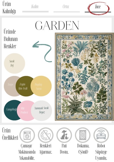 Garden 815 Bej Yeşil Botanik Çiçekli Halı Yıkanabilir İnce Dokuma Taban Salon Oturma Odası Halısı Bej Yeşil E