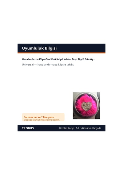 Trobus Havalandırma Klips Oto Süsü Kalpli Kristal Taşlı Tüylü Gümüş Pembe