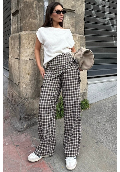 Madmext Kahverengi Fularlı Ekose Pantolon Mg2734