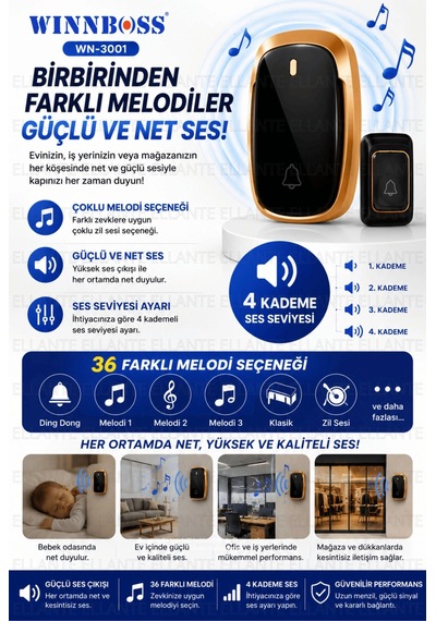 Kablosuz Kapı Zili 100 Metre Çekim Mesafeli Priz Tipi Kapı Zili Pil Dahil 36 Melodili Güçlü Ses