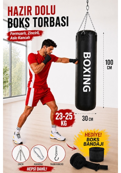 Boxing 100 Cm Yetişkin İdeal Boy Hazır Dolu Boks Torbası Ve Zinciri - Hediye Boks Bandajı Siyah