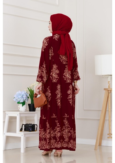 Sevitli Yarım Düğmeli Robalı Zülal Elbise-bordo-5208