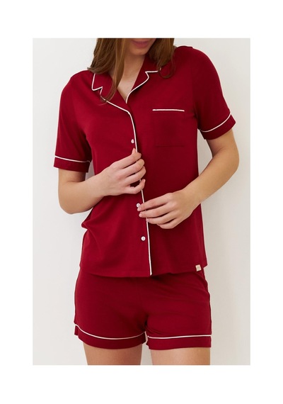 Katia&bony Kadın Luxury Düğmeli Şortlu Pijama Takımı Bordo Bordo