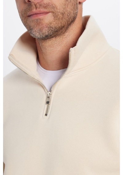 Tudors Unisex Relax Fit Rahat Kesim Pamuklu İçi Polarlı Yarım Fermuarlı Ekru Dik Yaka Sweatshirt-31453 Ekru