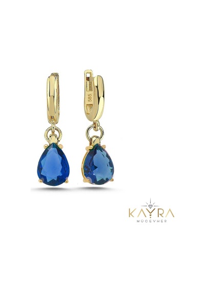 Mavi Topaz Damla Taşlı Altın Küpe Ahk19