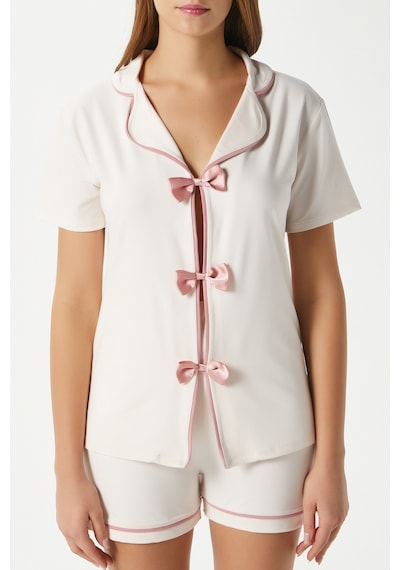 Ritnice Kadın Violet Ekru Şortlu Fiyonklu Alt Üst Pijama Takımı