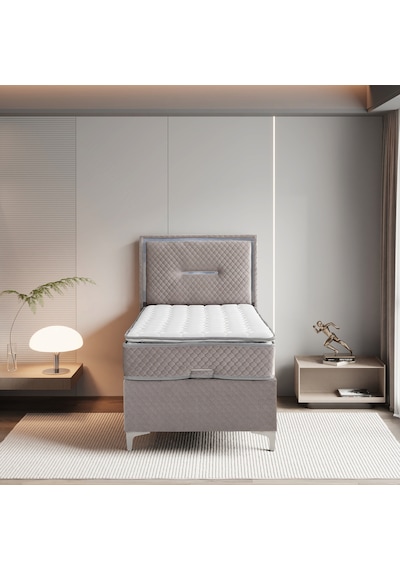 Lina Gri Tek Kişilik Sandıklı Baza + Ortopedik Pedli Yatak + Klapalı Başlık 3 Lü Set 90 x 190 CM